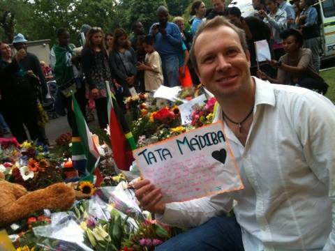 Jason at Mandela's house shortly after Mandela's death is announced to the world